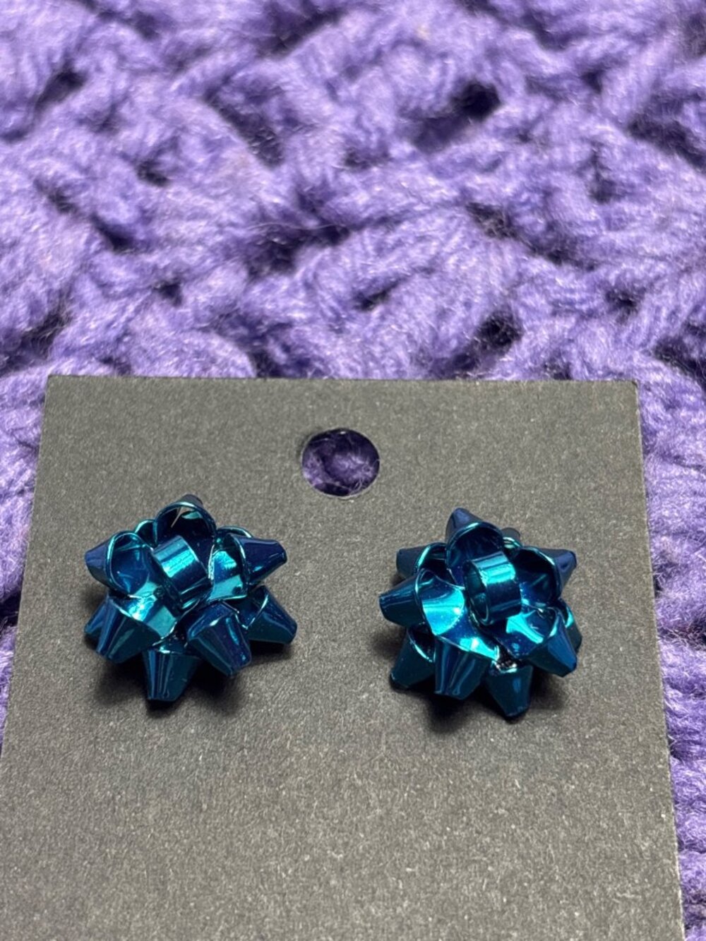 Blue Metal Christmas Bow Stud Earrings 0.75 inch
